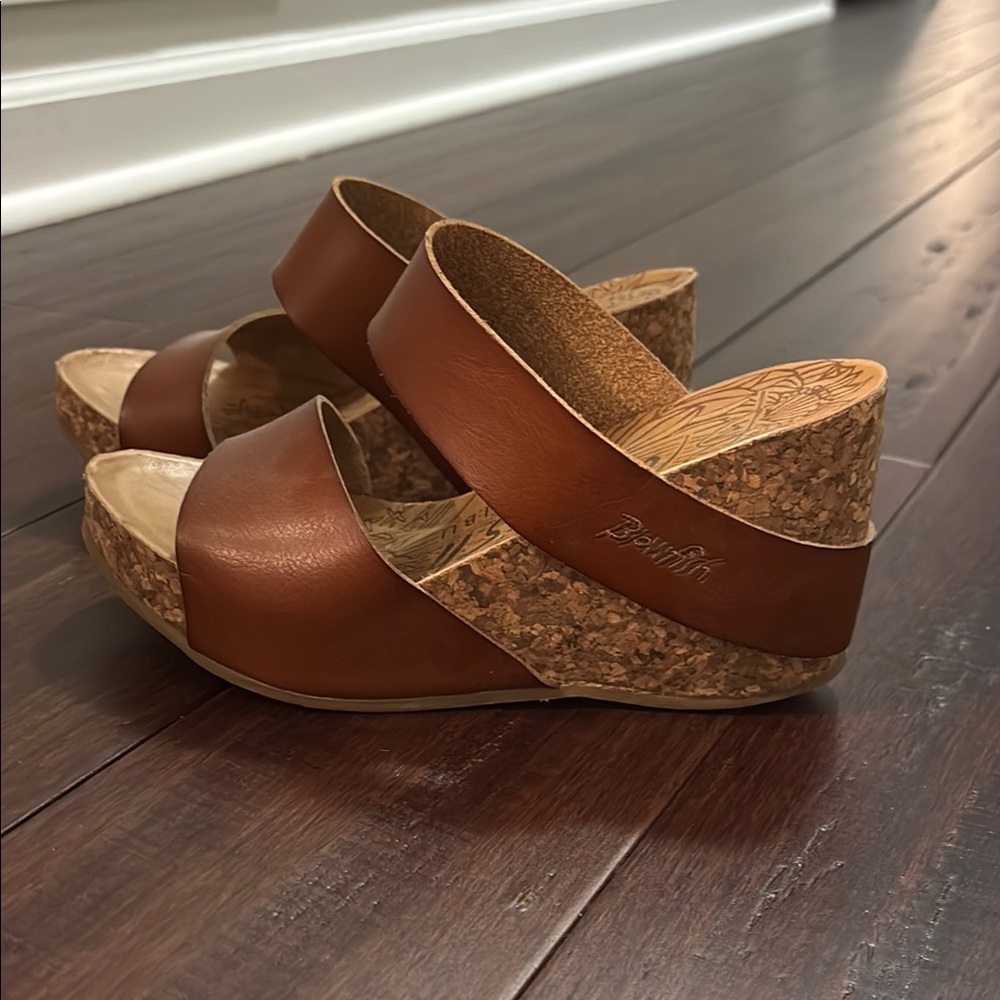 Born Brown Leather Wedge Sandals with Cork Heel